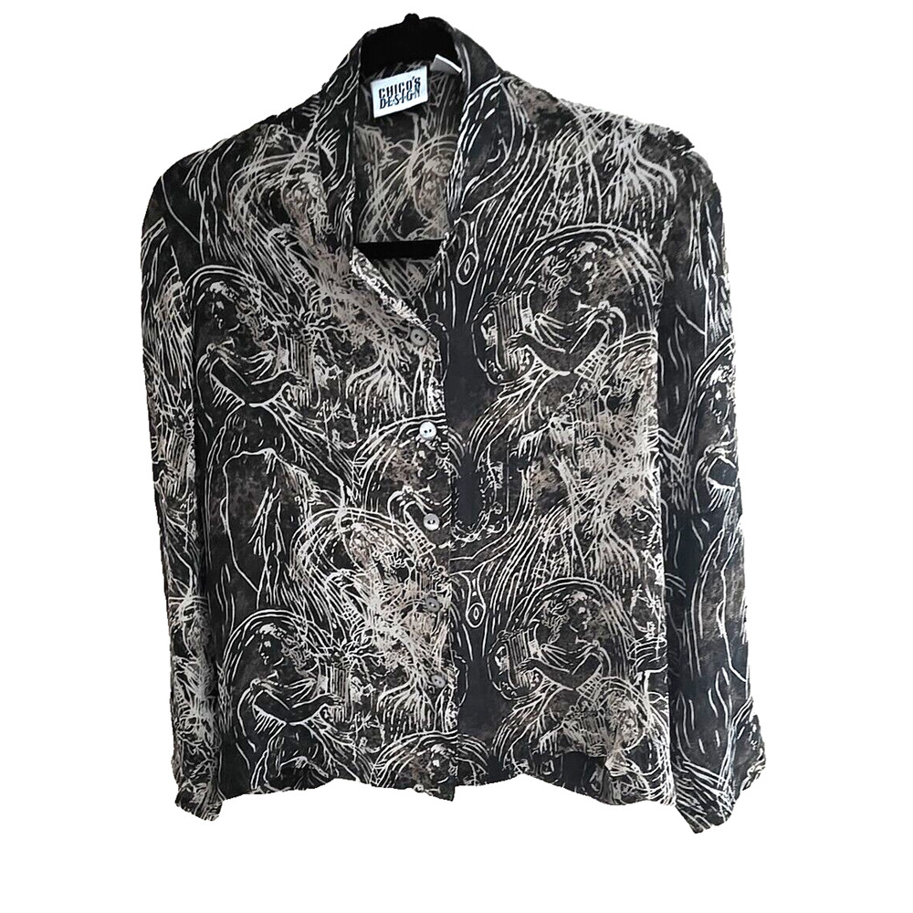 Chico's Design Black Abstract Print Silk Button Front Casual Top Woman Size 1 MD